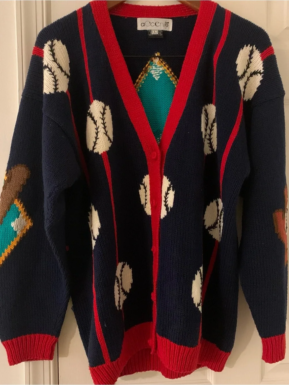Vintage hand knit cardigan ugly sweater funky teacher baseball